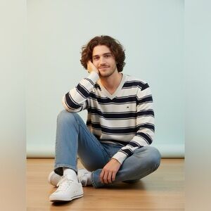 Tommy Hilfiger Men's‎ V-Neck Sweater 3XL Navy Stripe 100% Pima Cotton Pullover